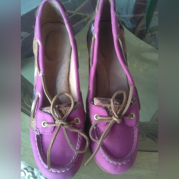 BNWOT PINK SPERRY TOP SIDERS HIGH HEELS (WEDGES) OMG ADORABLE! SZ. 8 M LEATHER - Picture 6 of 12